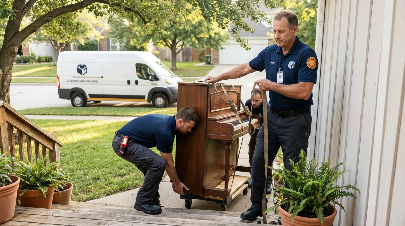 Licensed piano movers securing grand piano in Fort Mill, SC