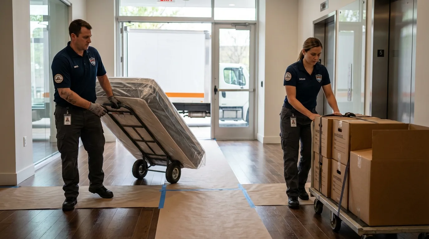 Professional apartment movers loading elevator in Fort Mill, SC